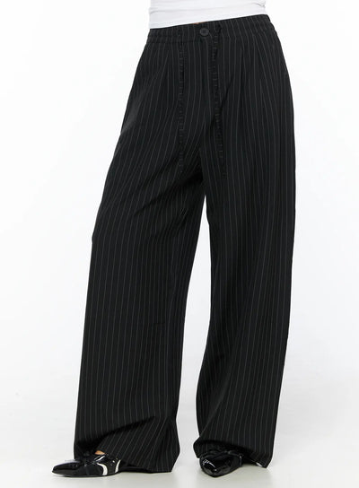LEWKIN Pinstripe Wide Leg Trousers CL513 Black S front close-up on model showing button waistband and pinstripe wide-leg silhouette with patent loafers