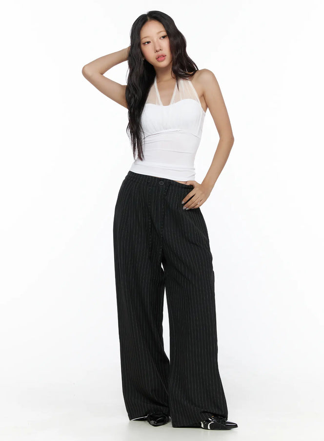 Pinstripe Wide Leg Trousers CL513 Black full-length front shot on model in white halter top hands on hip showing floor-length wide-leg fit
