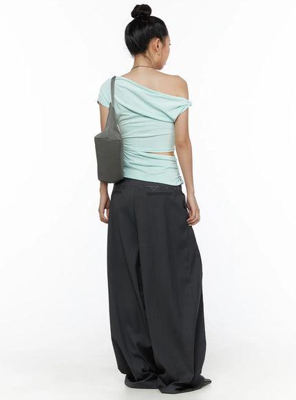 Pintuck Belted Wide Slacks CL510 dark gray back shot on model standing, back waistband with raw-edge trim detail, voluminous wide-leg drape, rear view