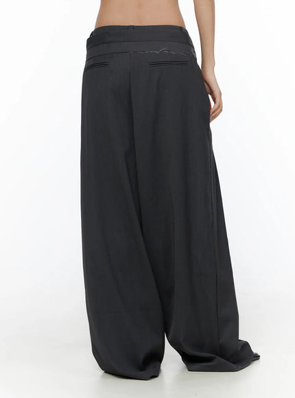 Pintuck Belted Wide Slacks CL510 dark gray back view on model, clean rear waistband, full-length wide-leg silhouette with draped fabric pooling at hem