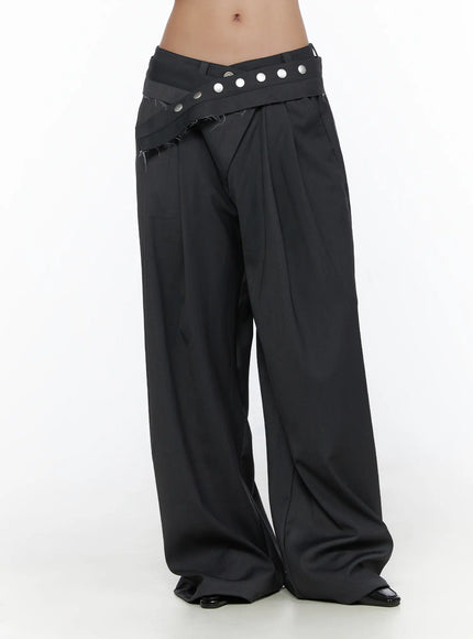 Pintuck Belted Wide Slacks CL510 dark gray front shot on model without belt overlay, crossover V-waistband with button closure, deep pintuck pleats, wide leg