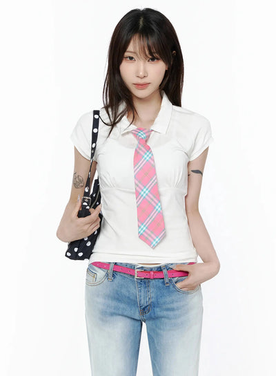 LEWKIN Pintuck Short Sleeve Collar Top IL502 White front view on model styled with pink plaid tie and polka dot bag over jeans size S/M