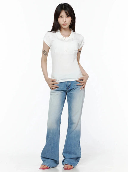Pintuck Short Sleeve Collar Top IL502 White full-body front shot on model standing upright hands on hips styled with flare jeans