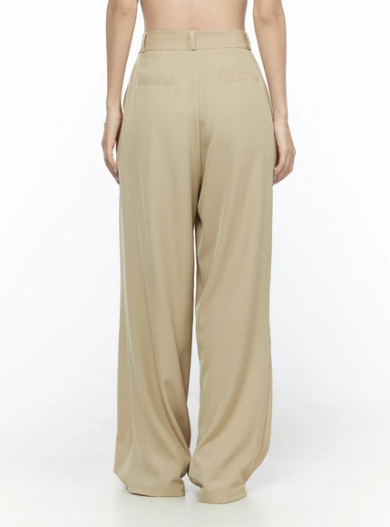 Pintuck Wide Leg Pants (Beige) CL524 Beige back shot on model showing rear welt pockets high waistband and fluid wide-leg hem