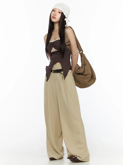 LEWKIN Pintuck Wide Leg Pants (Beige) CL524 Beige full-length front shot on model styled with brown top belt and shoulder bag