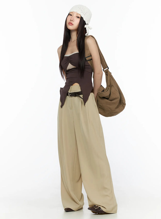 LEWKIN Pintuck Wide Leg Pants (Beige) CL524 Beige full-length front shot on model styled with brown top belt and shoulder bag