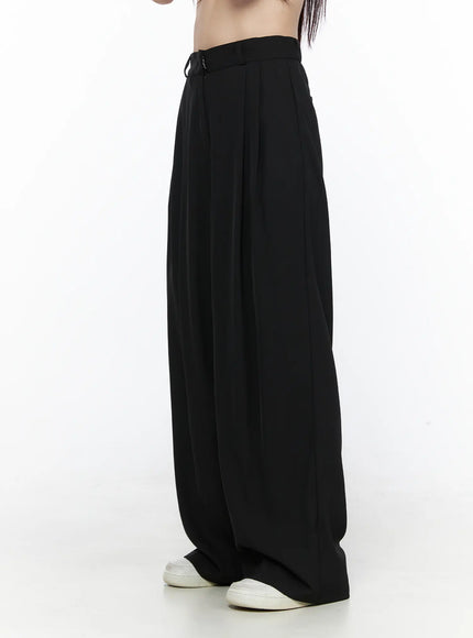 Pintuck Wide Leg Pants (Black) CL524 Black side shot on model revealing pintuck pleat drape and voluminous wide leg flow from high waist