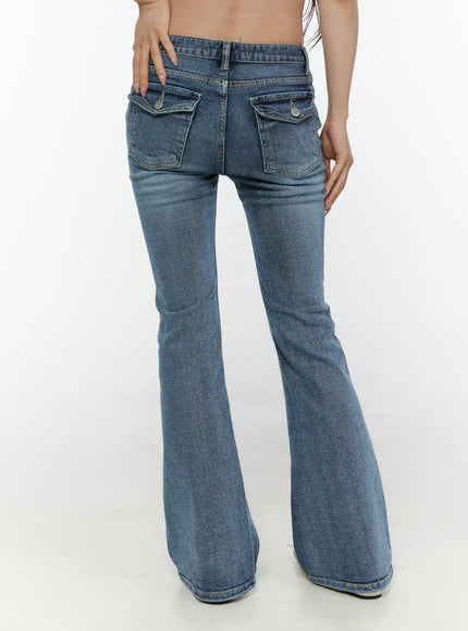 Pip Pocket Flare Jeans CL508 blue back full-length shot on model showing flap pocket detail flare leg and chain belt at low-rise waist