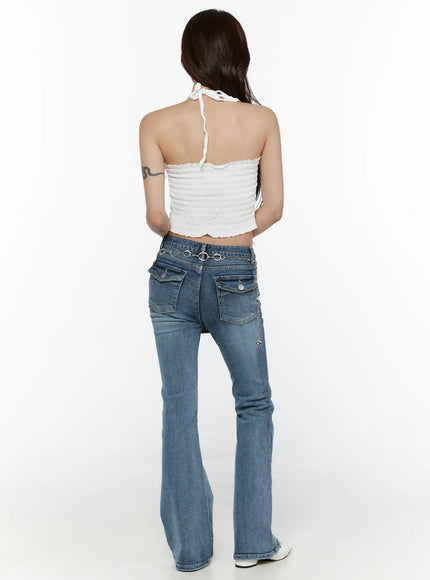 Pip Pocket Flare Jeans CL508 blue back shot on model showing smocked halter top pairing dual snap-button back pockets and wide flare hem