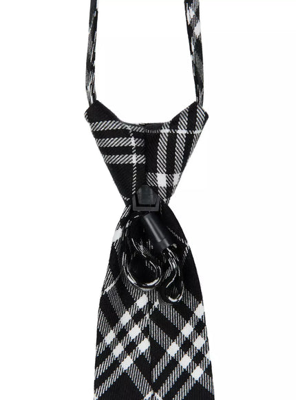 Plaid Adjustable Tie IL516 flat product shot showing full-length black white plaid adjustable necktie with long lanyard strap and clip hardware on white background