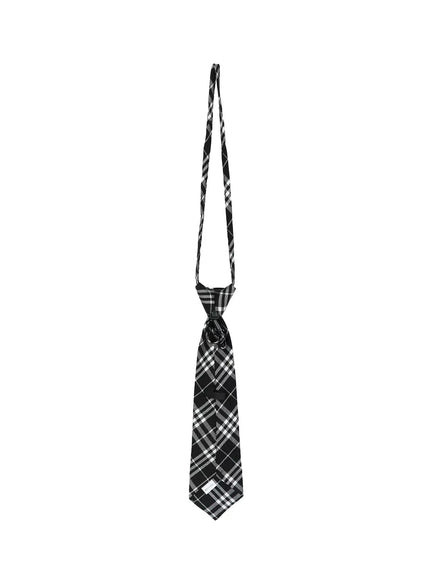 Plaid Adjustable Tie IL516 flat product shot showing complete black white plaid necktie with adjustable strap clip closure and LEWKIN brand label on white background