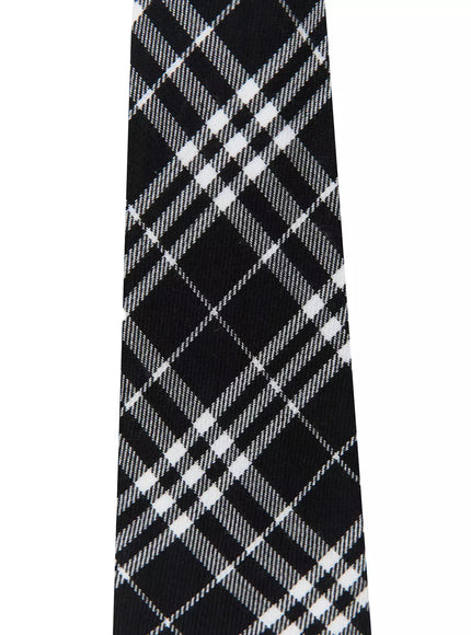 Plaid Adjustable Tie IL516 close-up detail shot of black white plaid tie knot area showing adjustable black clip fastener and loop hardware