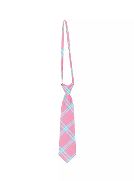 Plaid Adjustable Tie IL516 Pink close-up detail shot showing pink base with teal white and green diagonal tartan plaid woven texture