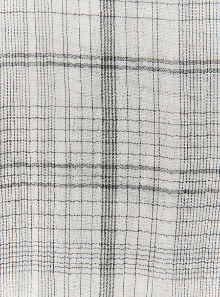 Plaid Button-Up Shirt CL521 Ivory close-up fabric detail showing off-white ground with black windowpane check woven texture, open weave sheer crinkle fabric