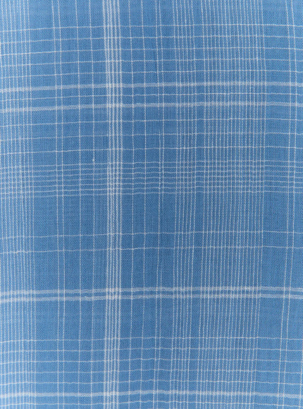 Plaid Button-Up Shirt CL521 Blue close-up fabric detail showing blue ground with white windowpane check woven texture, lightweight semi-sheer material