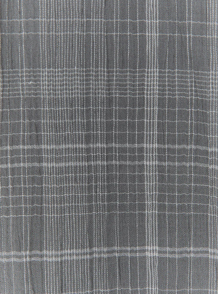 Plaid Button-Up Shirt CL521 Gray close-up fabric detail showing gray ground with white windowpane check woven texture, lightweight semi-sheer crinkle weave