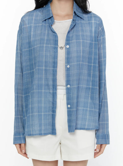 Plaid Button-Up Shirt CL521 Blue close-up front torso shot on model showing button placket, collar detail, semi-sheer plaid fabric layered over white tee