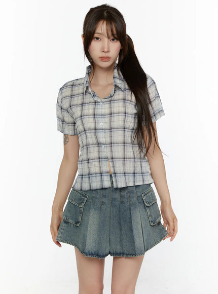 Plaid Crop Short Sleeve Shirt CL507 Light beige front shot on model no accessories showing button placket collar and cropped hem with textured plaid weave