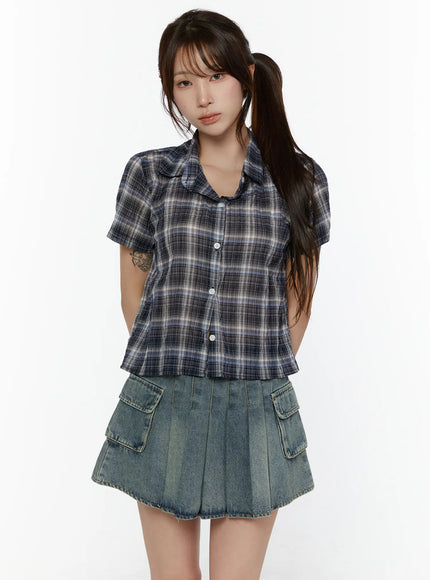 Plaid Crop Short Sleeve Shirt CL507 in Dark blue, size S/M