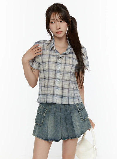 LEWKIN Plaid Crop Short Sleeve Shirt CL507 Light beige S/M front shot on model wearing butterfly brooch paired with denim cargo mini skirt half-body pose