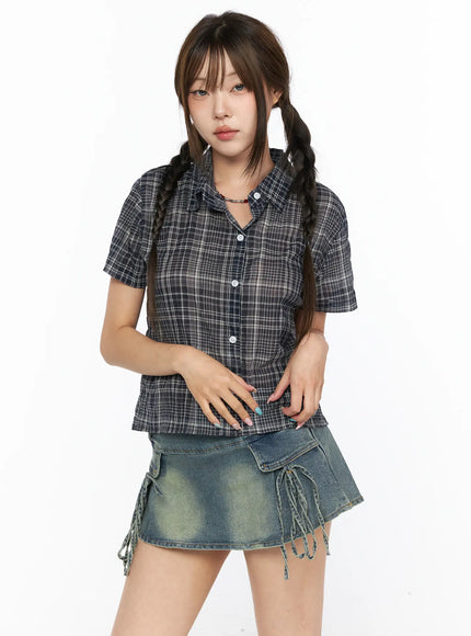 Plaid Crop Short Sleeve Shirt CL514 in Dark blue, size S/M