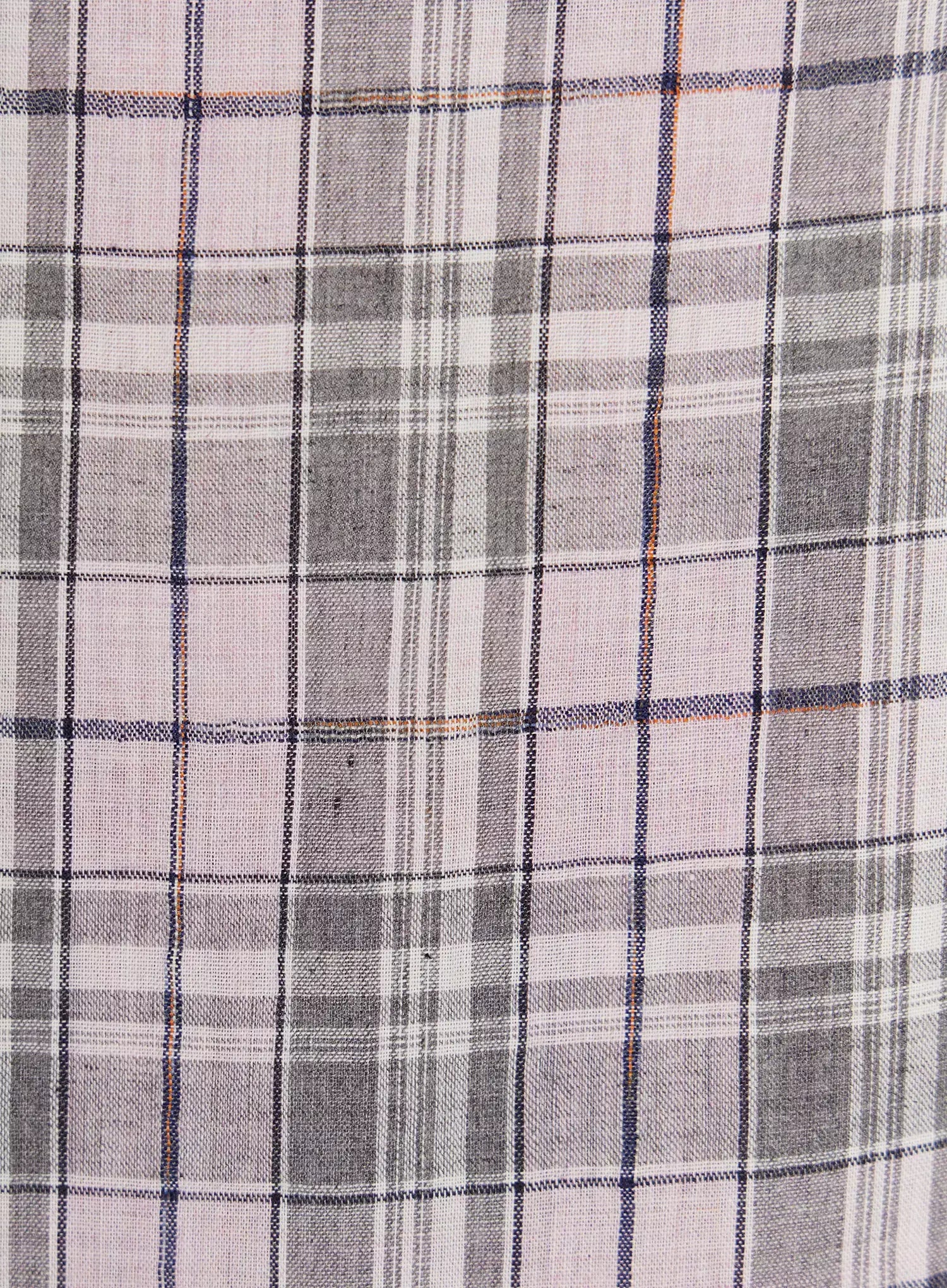 Plaid Cuffed Sleeve Babydoll Dress IL502 Pink close-up fabric detail showing pink base plaid weave with grey, navy, and orange accent threads, lightweight woven texture
