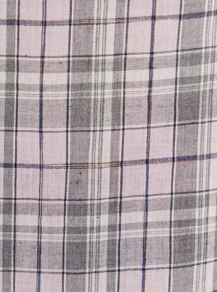 Plaid Cuffed Sleeve Babydoll Dress IL502 Pink close-up fabric detail showing pink base plaid weave with grey, navy, and orange accent threads, lightweight woven texture