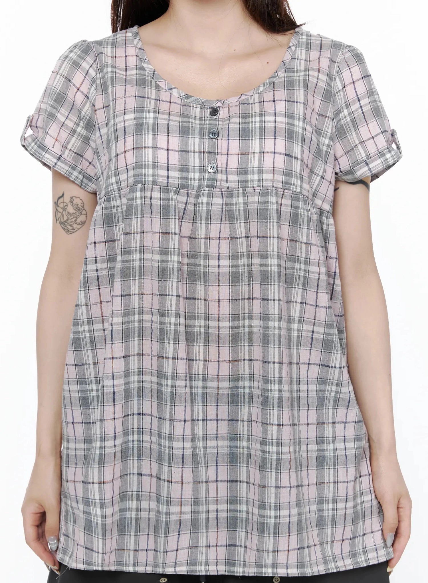 Plaid Cuffed Sleeve Babydoll Dress IL502 Pink detail close-up shot showing scoop neckline, three snap buttons, empire gather seam, and plaid woven fabric texture