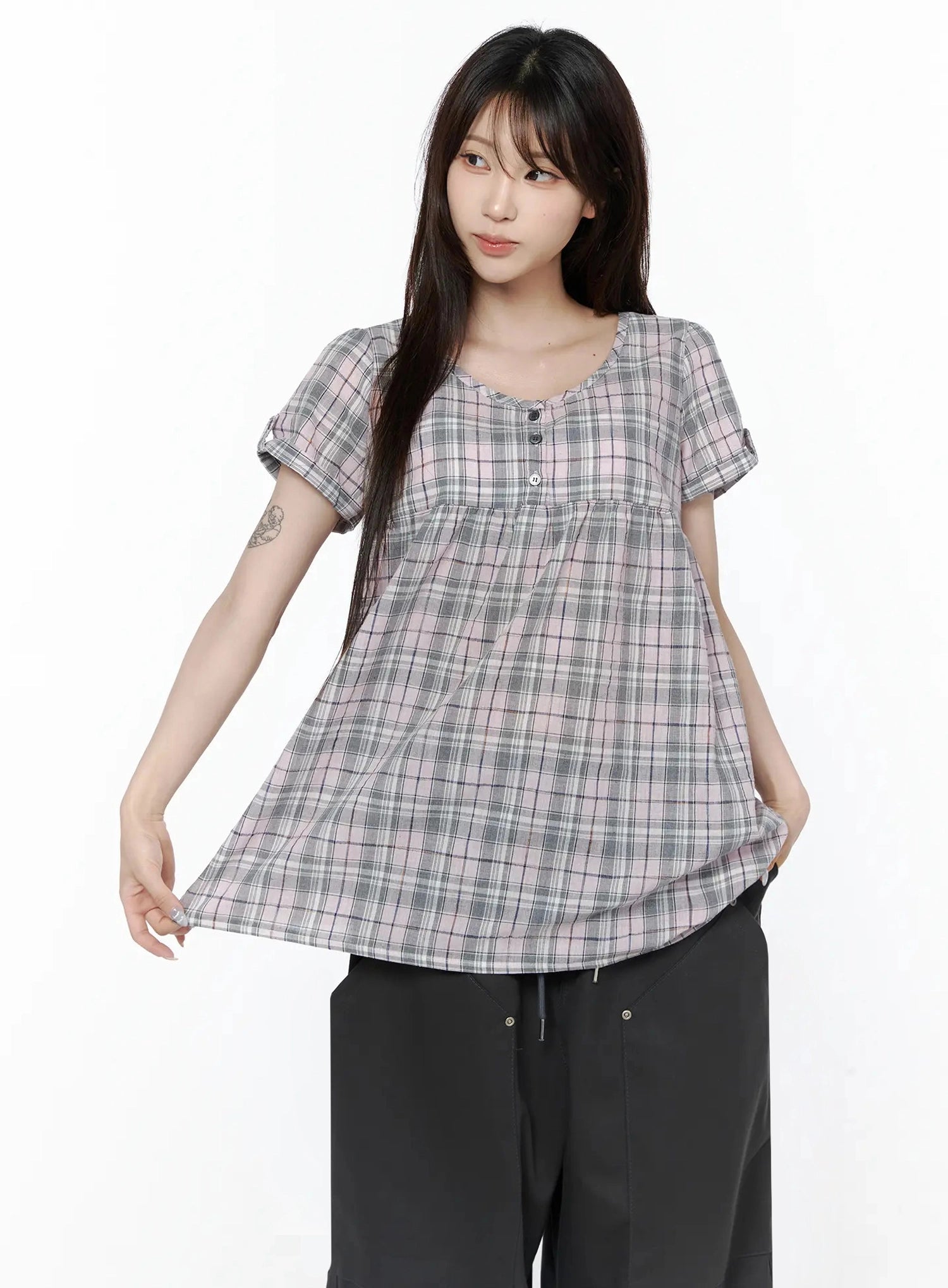 Plaid Cuffed Sleeve Babydoll Dress IL502 Pink front close-up on model highlighting scoop neckline, three-button placket, gathered babydoll cut, and cuffed sleeves