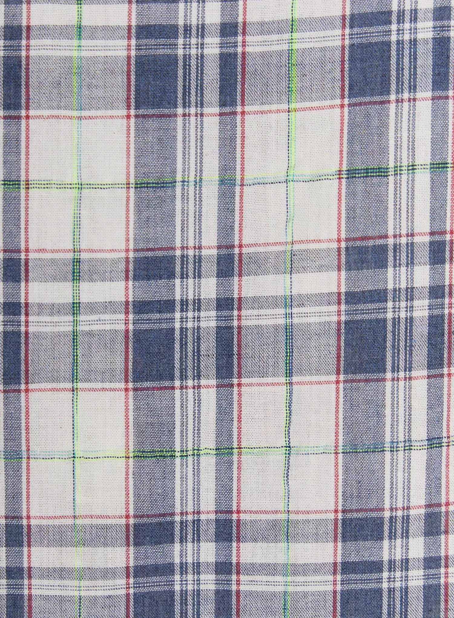 Plaid Cuffed Sleeve Babydoll Dress IL502 Blue close-up fabric detail showing white base plaid weave with navy, burgundy, and neon green accent threads, woven texture