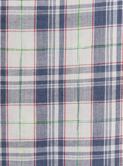 Plaid Cuffed Sleeve Babydoll Dress IL502 Blue close-up fabric detail showing white base plaid weave with navy, burgundy, and neon green accent threads, woven texture