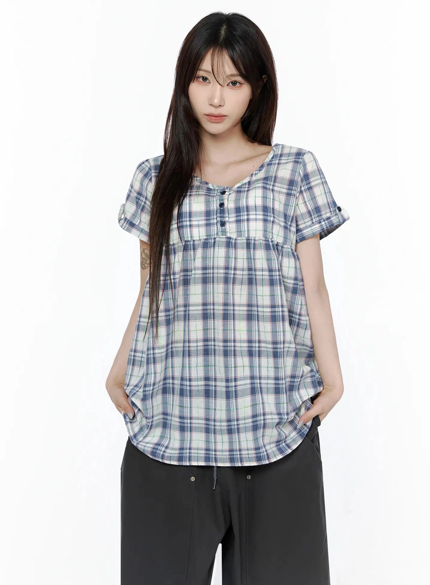 Plaid Cuffed Sleeve Babydoll Dress IL502 in White, size S/M