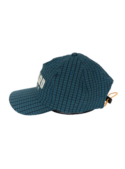 Plaid Embroidered Cap IL515 Dark blue back product shot on white background showing black plastic closure orange elastic cord loop and check pattern