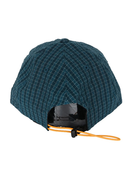Plaid Embroidered Cap IL515 Dark blue back close-up product shot showing orange bungee cord size adjuster black buckle and quilted grid texture