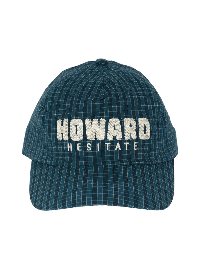 Plaid Embroidered Cap IL515 Dark blue front product shot flat on white background showing HOWARD HESITATE embroidery and grid check texture