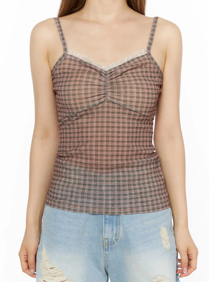 Plaid Lace Trim Cami Top CL501 Pink close-up front shot on model showing lace trim neckline center ruche gather and plaid mesh texture with denim shorts