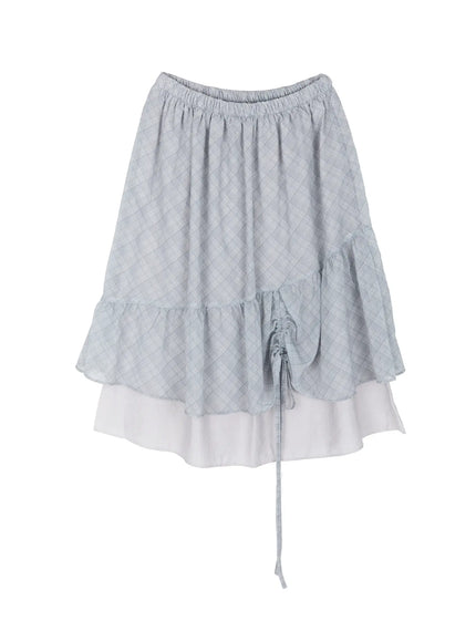Plaid Layered Midi Skirt IL522 in Light gray, size S/M