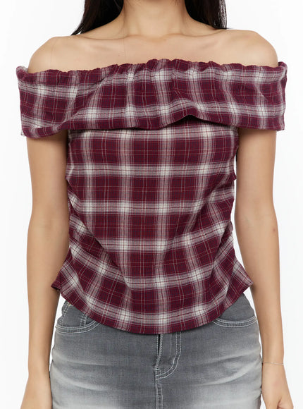 Plaid Off-Shoulder Shirt CU529 Red close-up front model shot highlighting smocked frill off-shoulder neckline and plaid woven fabric texture