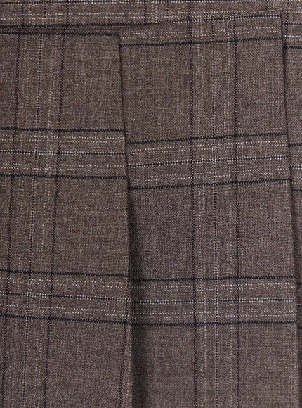 Plaid Pleated Mini Skirt IL506 Brown extreme close-up fabric detail shot showing windowpane plaid weave texture navy and white check pattern and pleated fold edge