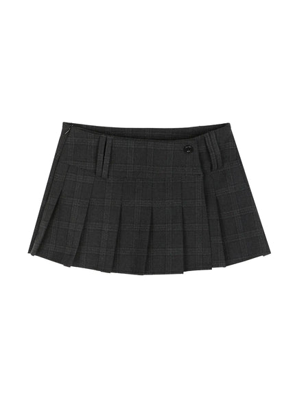 Plaid Pleated Mini Skirt IL516 Dark gray flat-lay showing full skirt with plaid pattern double button waistband and knife pleats