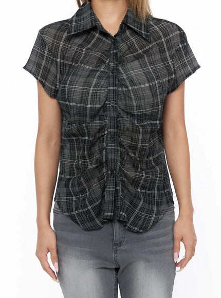 Plaid Shirred Blouse CU524 black close-up front model crop shot highlighting button placket ruched shirring and plaid woven texture