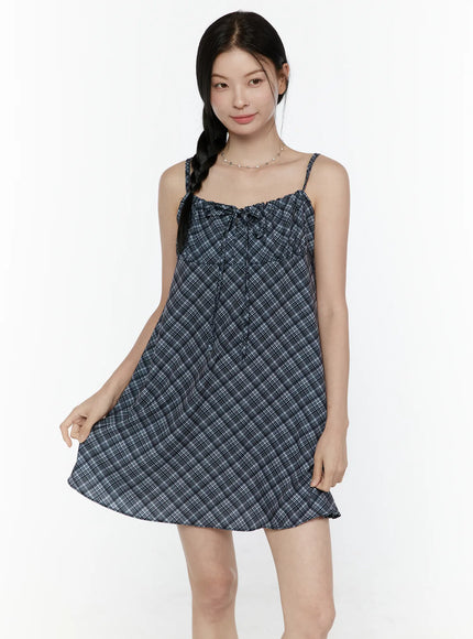 Plaid Shirred Cami Mini Dress IL506 in Black, size S/M