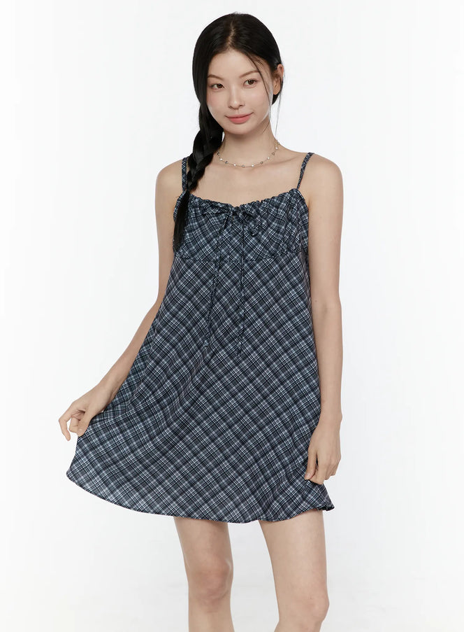 Plaid Shirred Cami Mini Dress IL506 in Black, size S/M