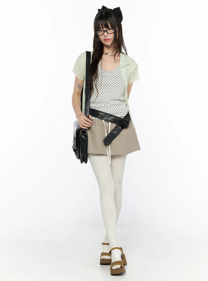 Plaid Slingback Platform Heels CL523 Brown full-body front shot on model wearing white tights, beige mini skirt, polka dot top, styled with black shoulder bag