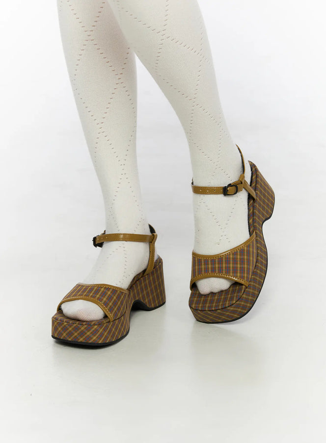 LEWKIN Plaid Slingback Platform Heels CL523 Brown close-up on model wearing white tights, angled three-quarter view showing plaid fabric and ankle strap buckle