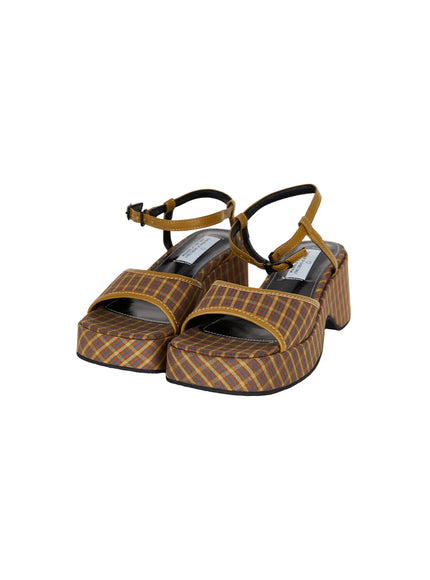 Plaid Slingback Platform Heels CL523 Brown flat pair shot from front angle, displaying plaid fabric upper, mustard leather trim, ankle strap buckle, and platform sole