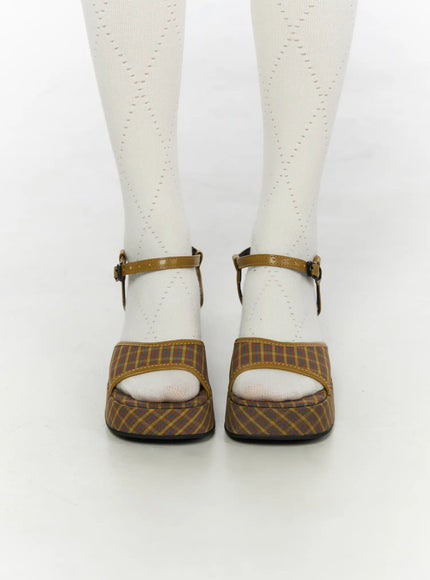 Plaid Slingback Platform Heels CL523 Brown close-up front shot on model wearing white tights, showing square toe opening and mustard ankle strap buckle detail