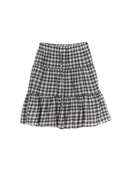 Plaid Tiered Midi Skirt CU529 in Black, size S/M