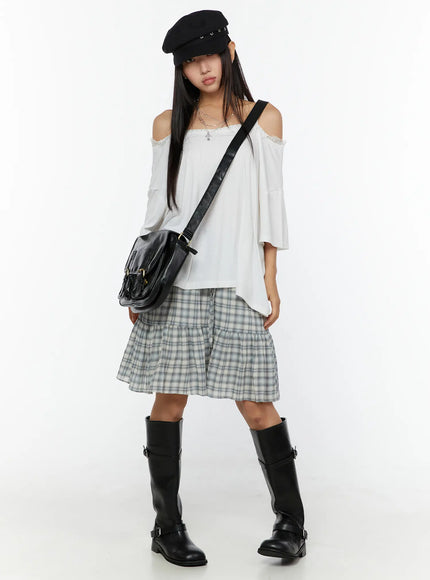LEWKIN Plaid Tiered Midi Skirt CU529 Light blue full-length front model shot styled with white off-shoulder top black beret and knee-high boots