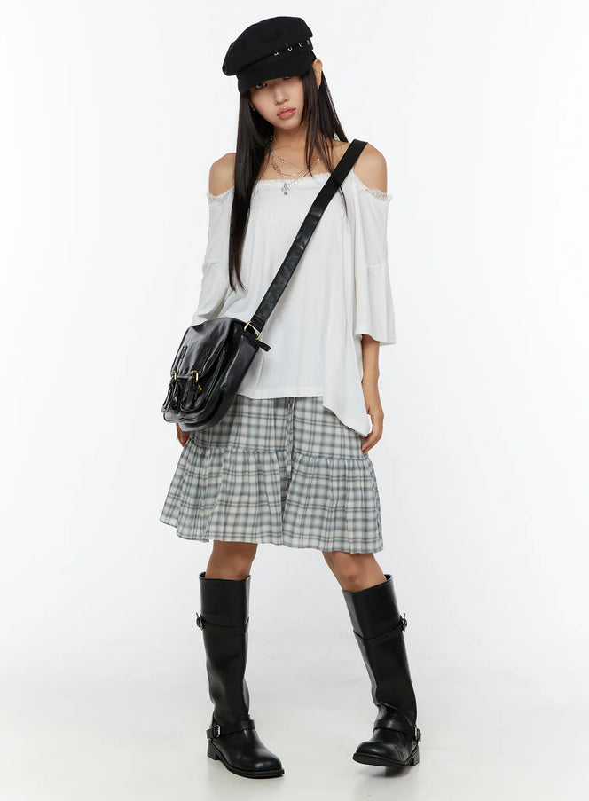LEWKIN Plaid Tiered Midi Skirt CU529 Light blue full-length front model shot styled with white off-shoulder top black beret and knee-high boots
